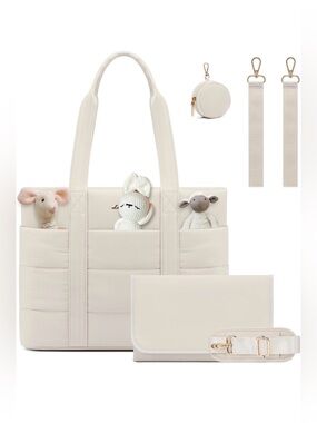 Cream Quilted Diaper Tote/Bag Set with Matching Accessories